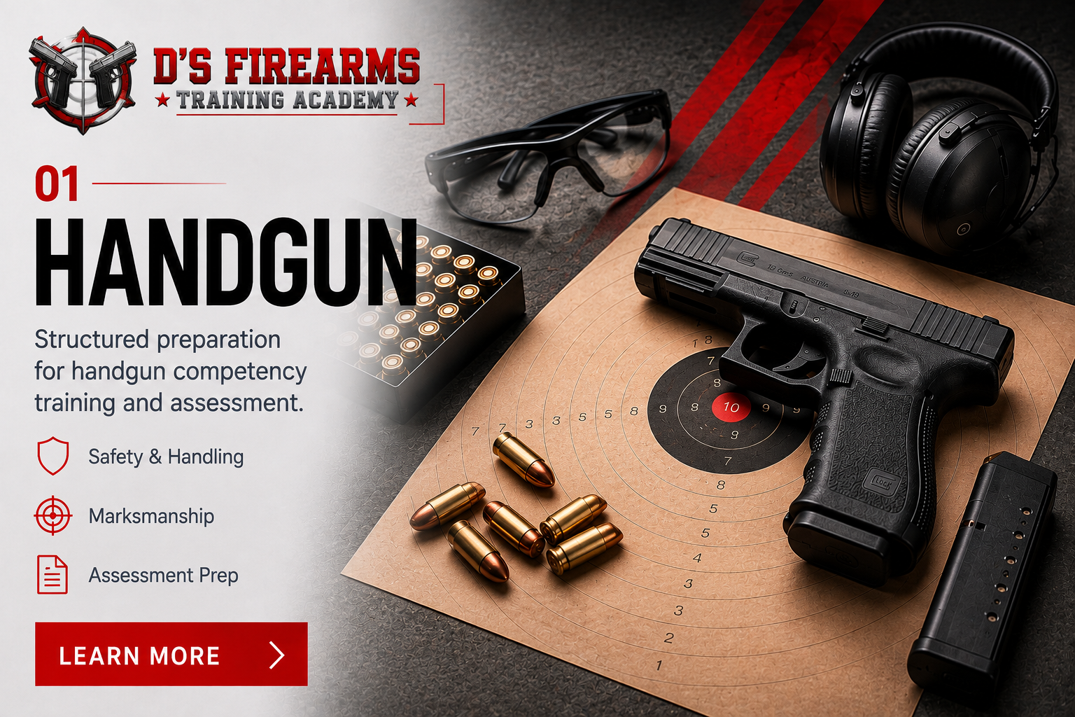 Handgun competency course artwork with training details and learn more callout