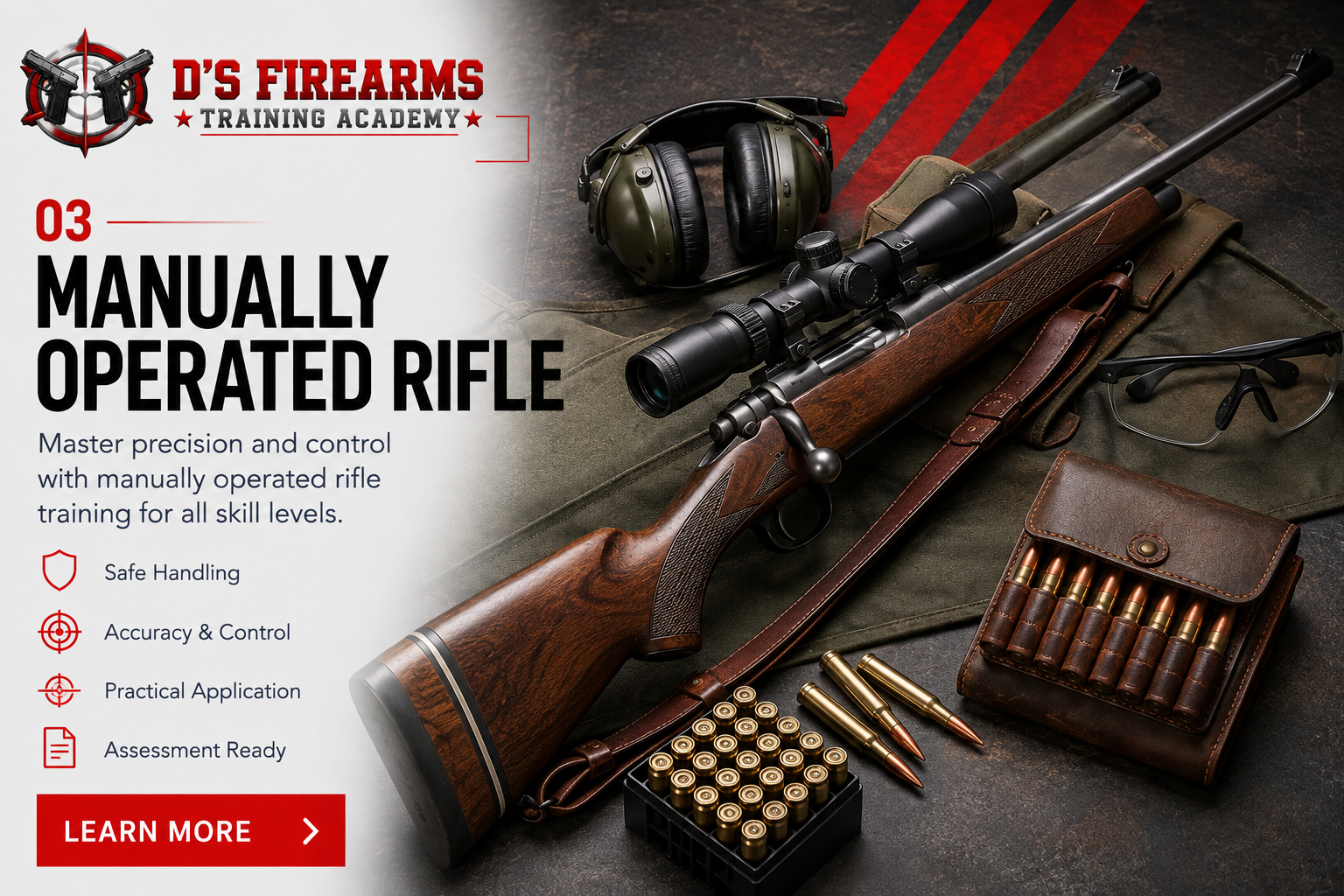 Manually operated rifle competency course artwork with training details and learn more callout