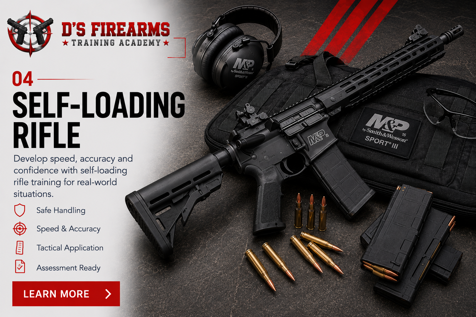 Self-loading rifle competency course artwork with training details and learn more callout