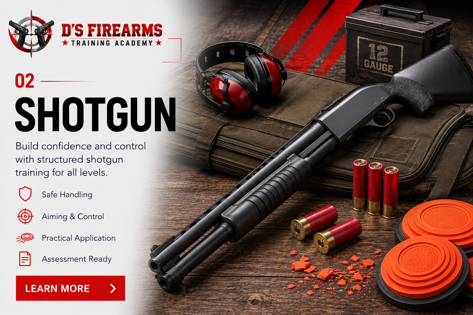 Shotgun competency course artwork with training details and learn more callout