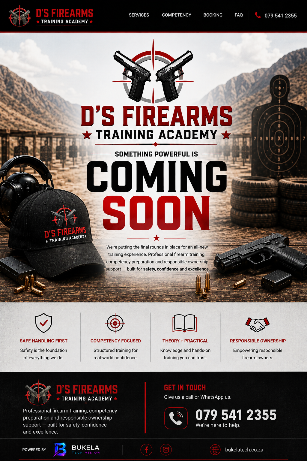 D'S Firearms Training Academy coming soon announcement with professional firearm training details, contact number 079 541 2355, and Bukela Tech Vision branding.