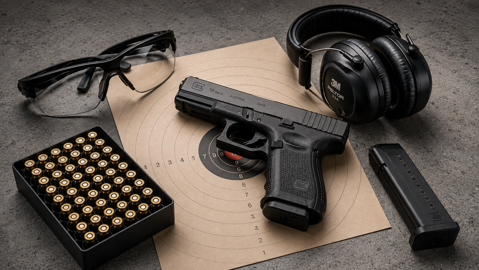 Firearm training equipment including pistol, target, eye and hearing protection